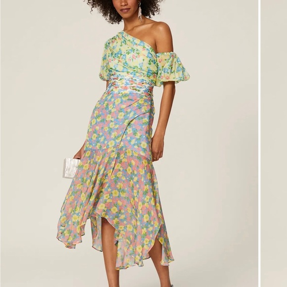 AMUR Pastel Floral Midi Dress. Jayla patchwork floral silk asymmetrical lined - Picture 5 of 13